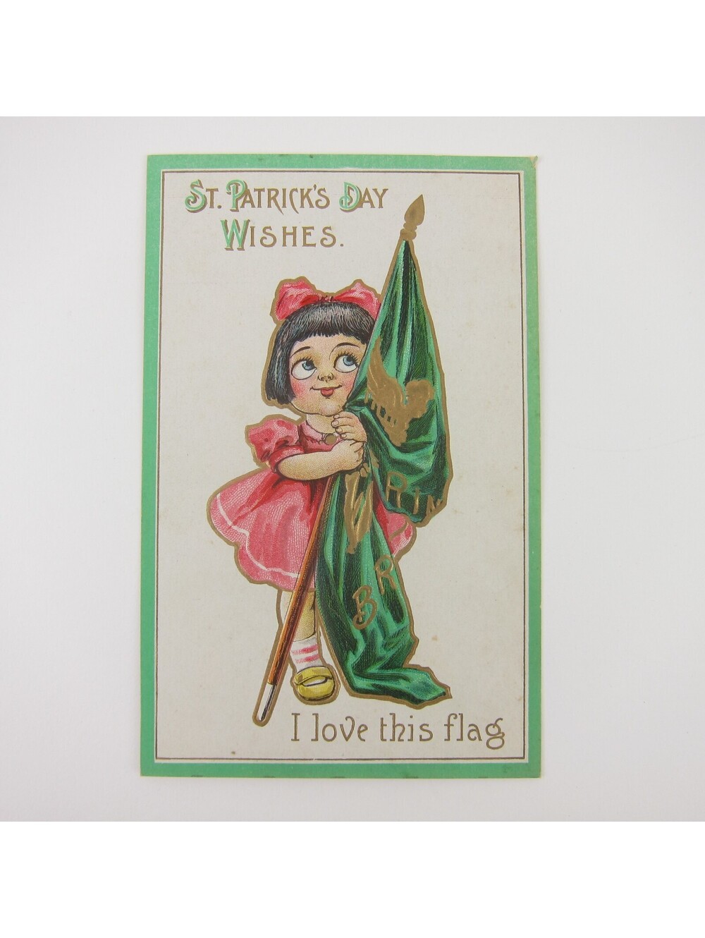 St. Patricks Day Postcard Irish Girl Red Pink Dress Bow Loves Flag Antique 1913